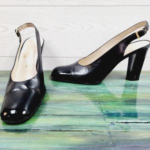 Chanel‎ Vintage Black Leather Cap Toe Slingback Heels CC Logo Size 38 France